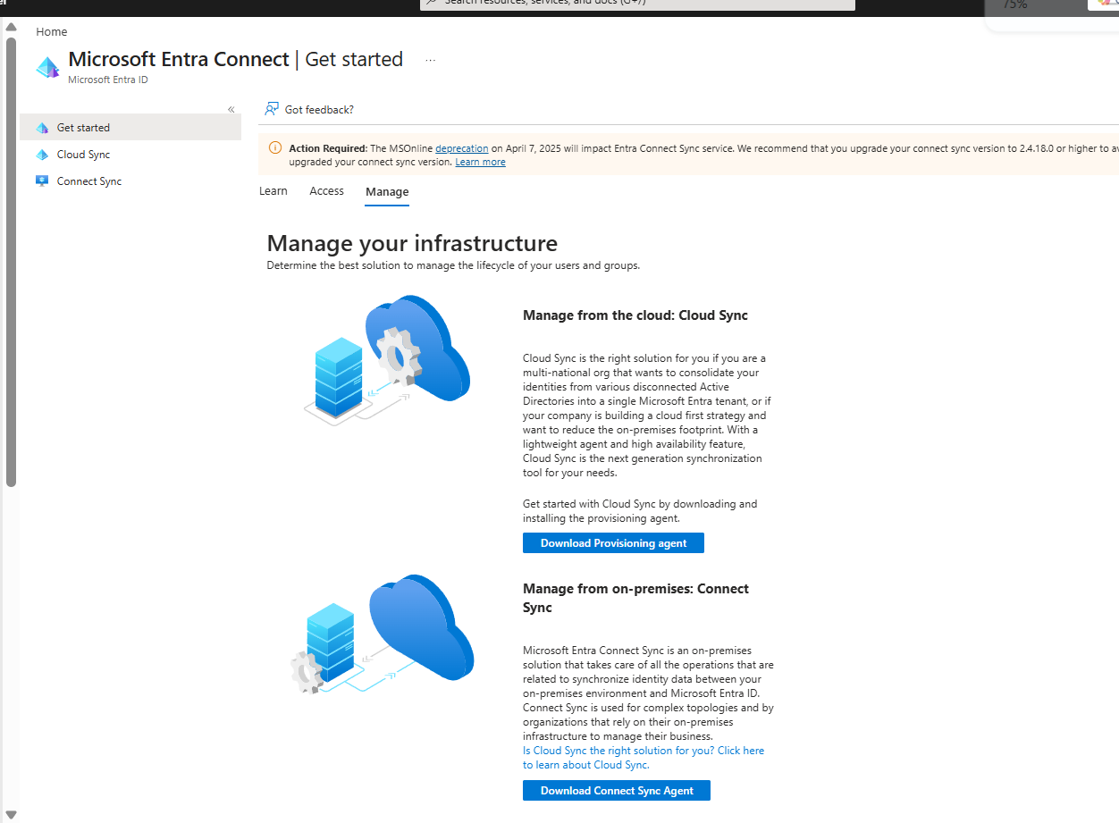 Entra ID portal showing the Microsoft Entra Connect section with the download Connect Sync agent option